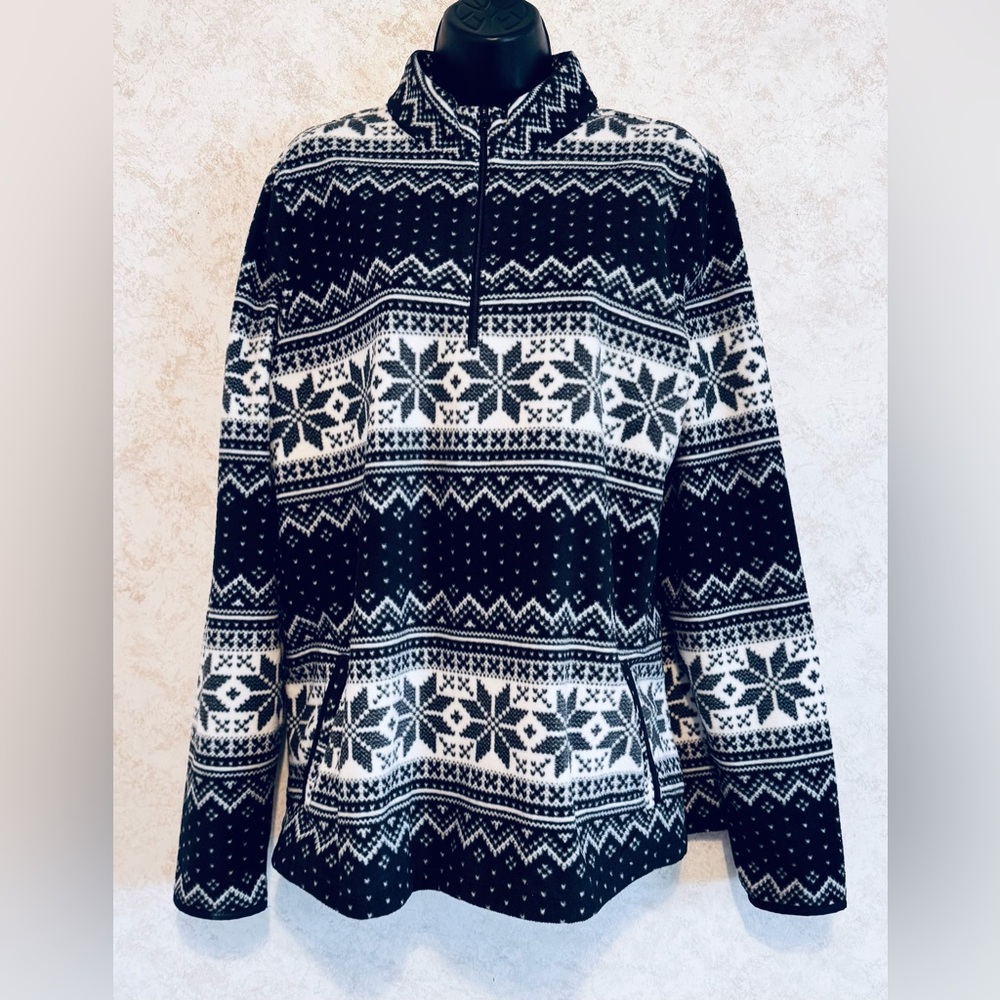 Kim Rogers 1/4 Zip Fair Isle Fleece Pull Over Top Black White Large